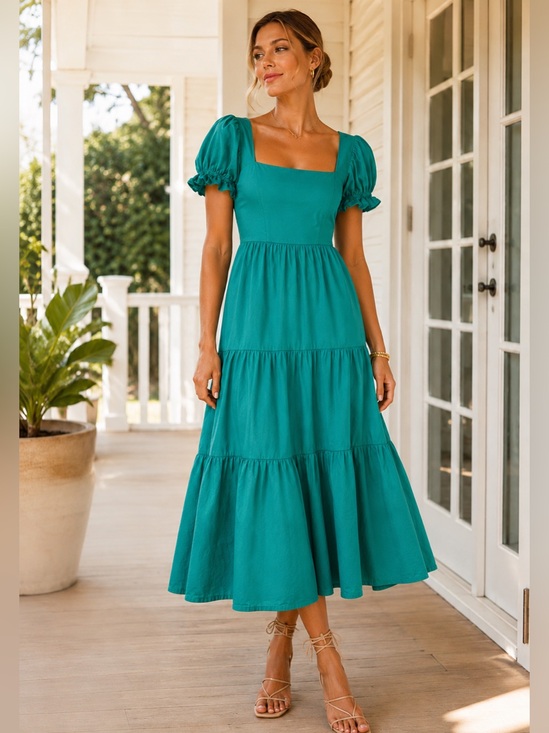 o.p.t. Dresses & Skirts - OPT Puff Sleeve Tiered Cotton Midi Dress Jade Green Size M